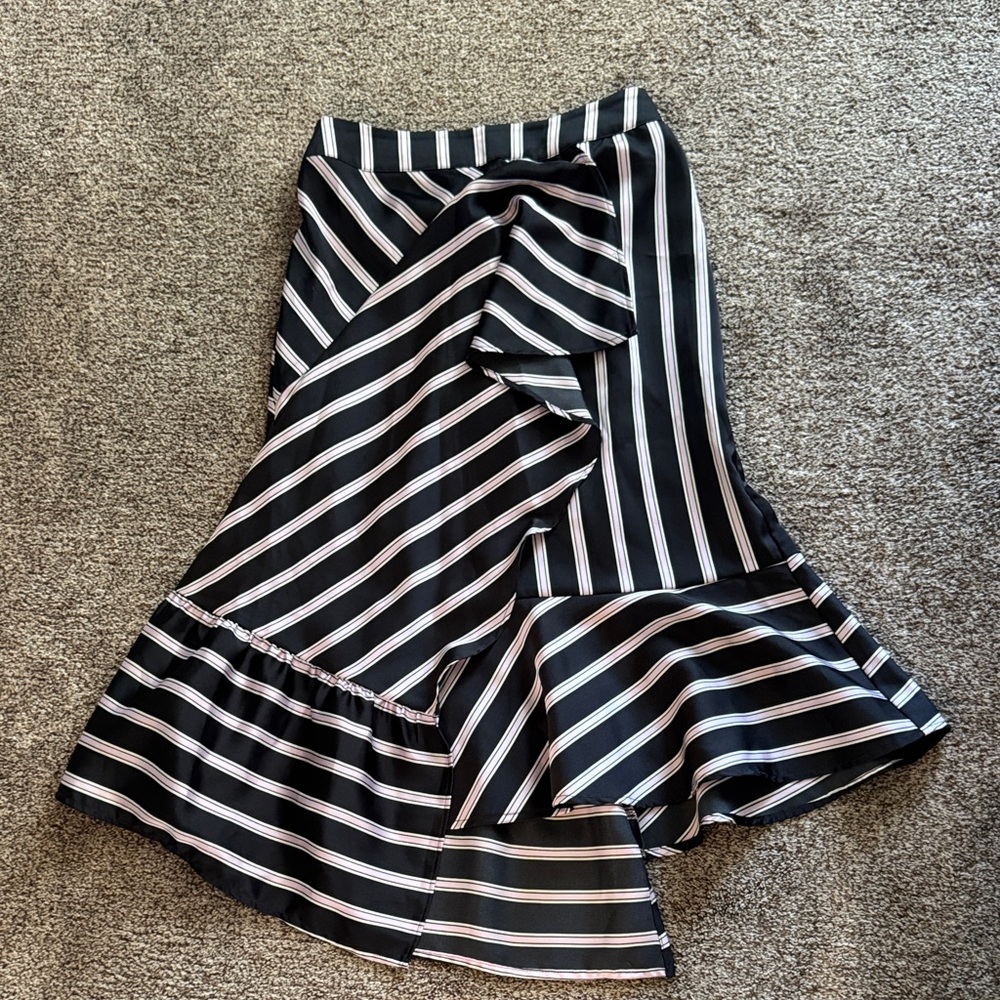 Black, White & Pink Striped Ruffle Midi Skirt